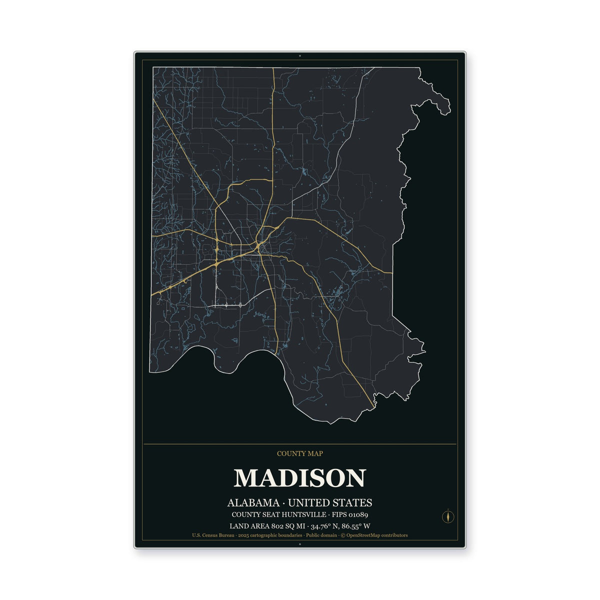 Madison County, Alabama Map Aluminum Sign in Metropolitan Noir style