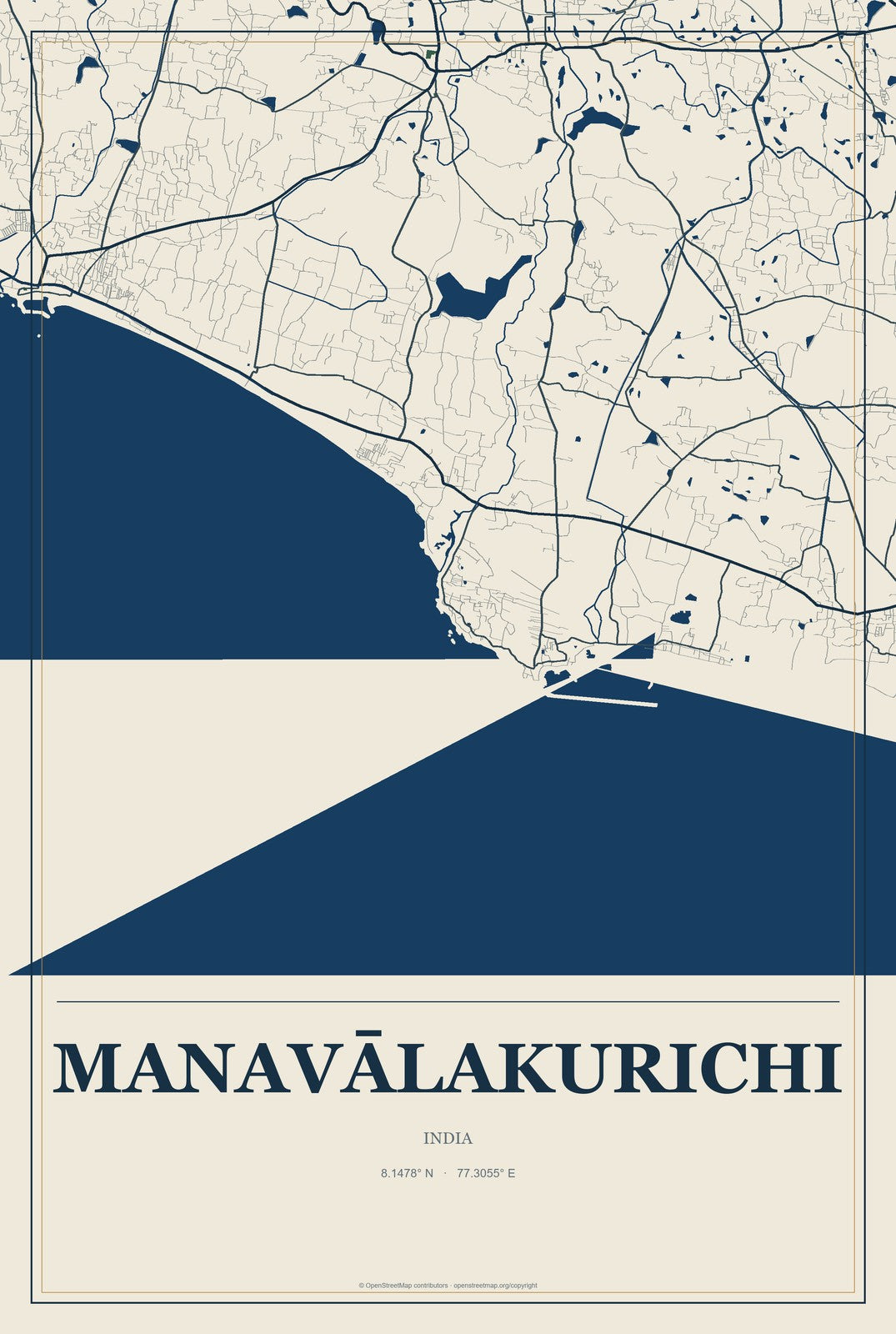 Manavālakurichi, India City Map Aluminum Sign in Coastal Cutout style