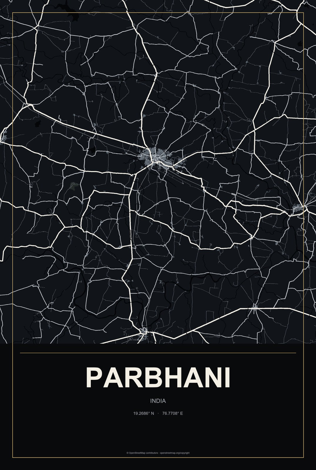 Parbhani, India City Map Aluminum Sign in Metropolitan Noir style