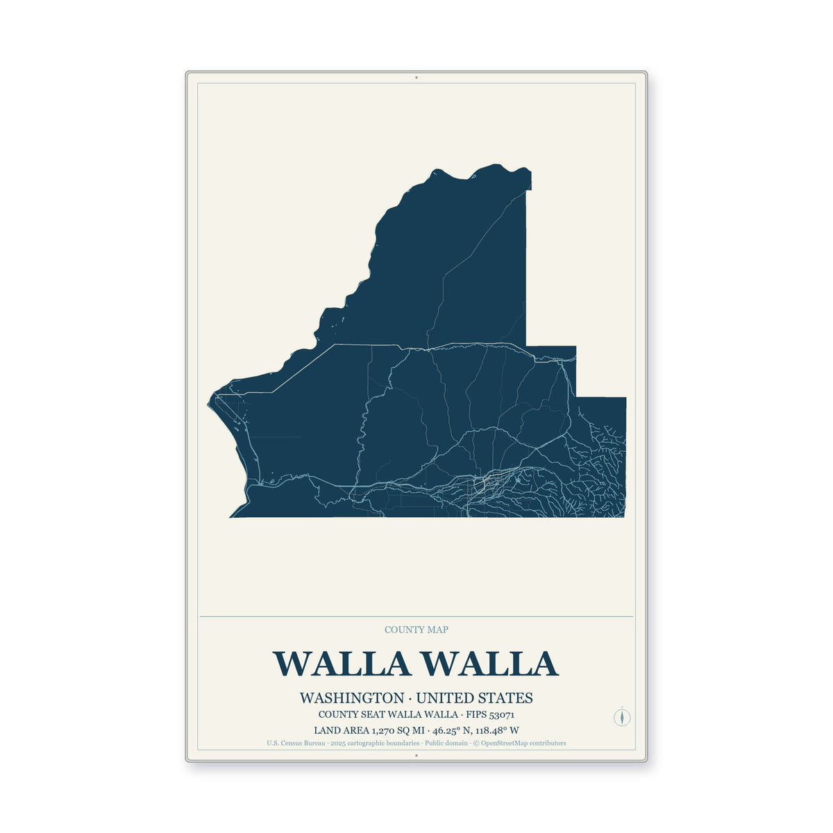 Walla Walla County, Washington Map Aluminum Sign in Coastal Cutout style