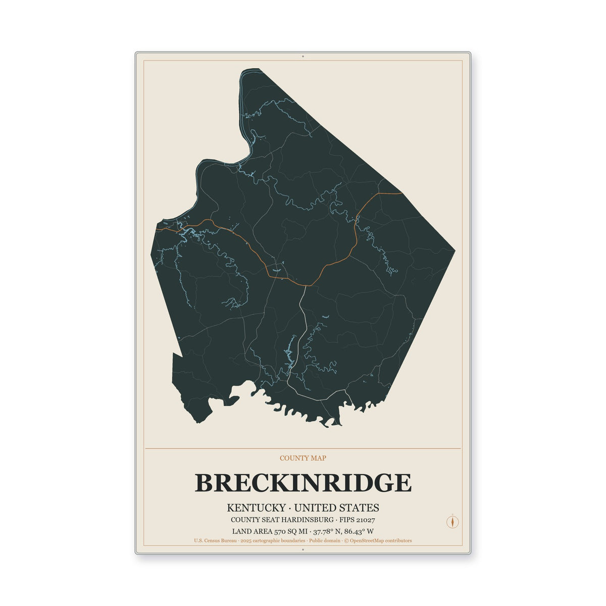 Breckinridge County, Kentucky Map Aluminum Sign in Headline Atlas style