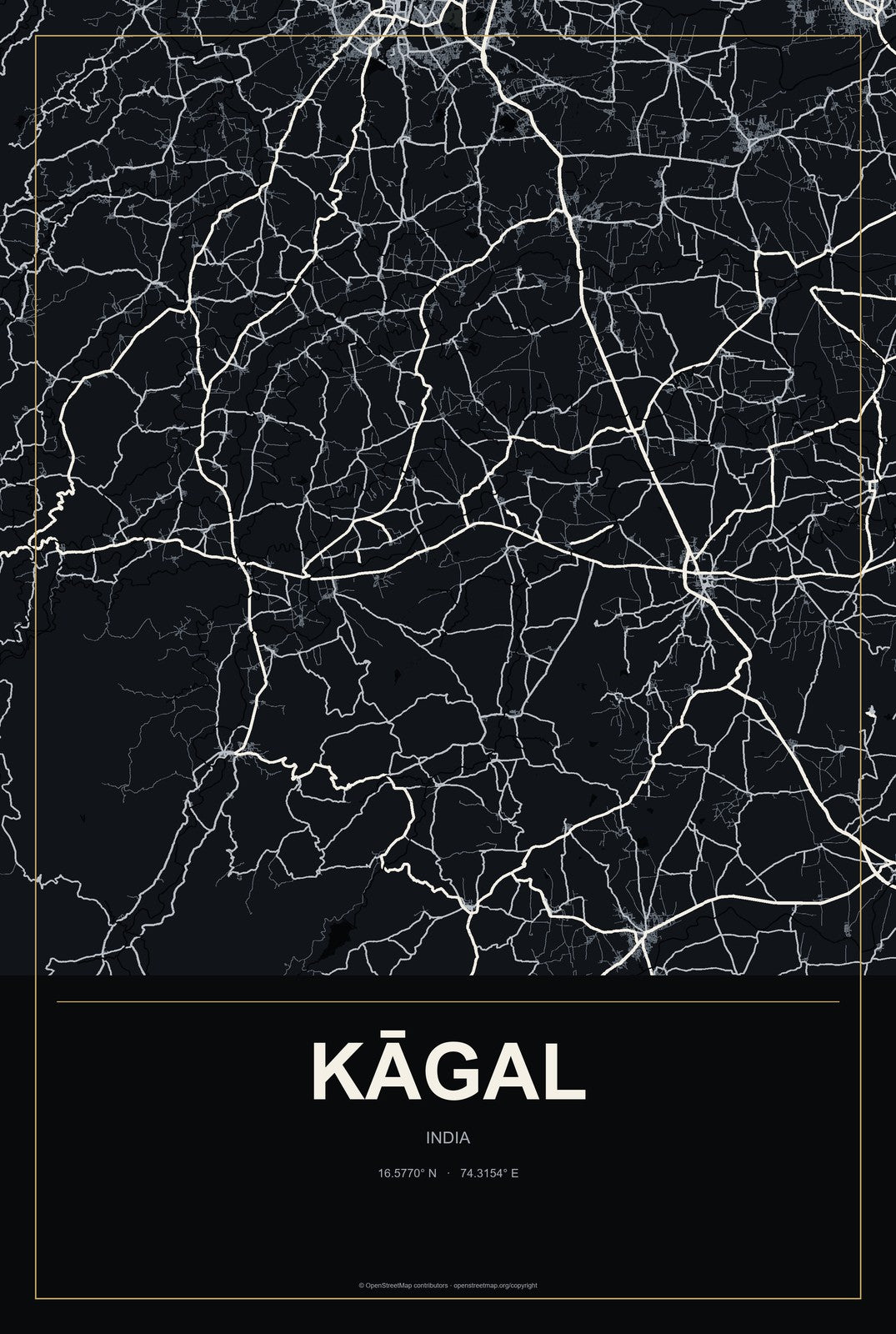 Kāgal, India City Map Aluminum Sign in Metropolitan Noir style