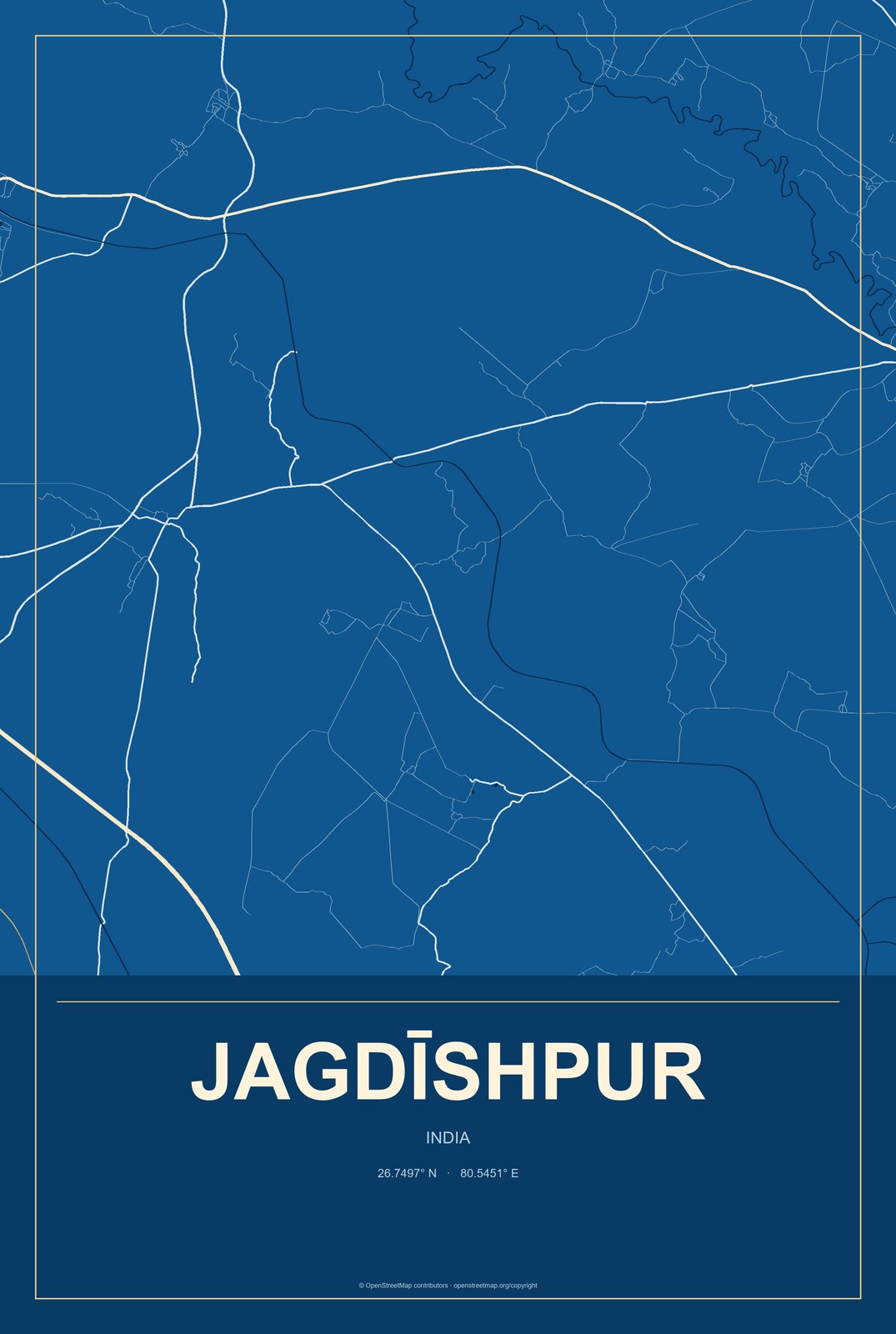 Jagdīshpur, India City Map Aluminum Sign in Harbor Cobalt style