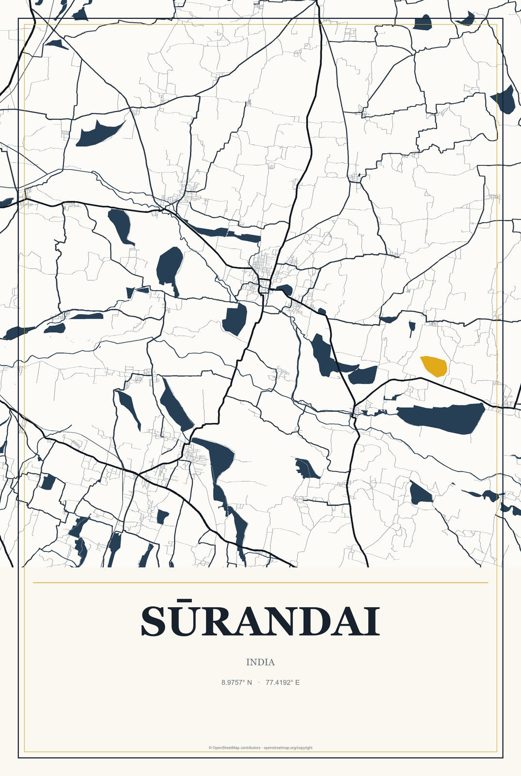 Sūrandai, India City Map Aluminum Sign in Citrine Modern style