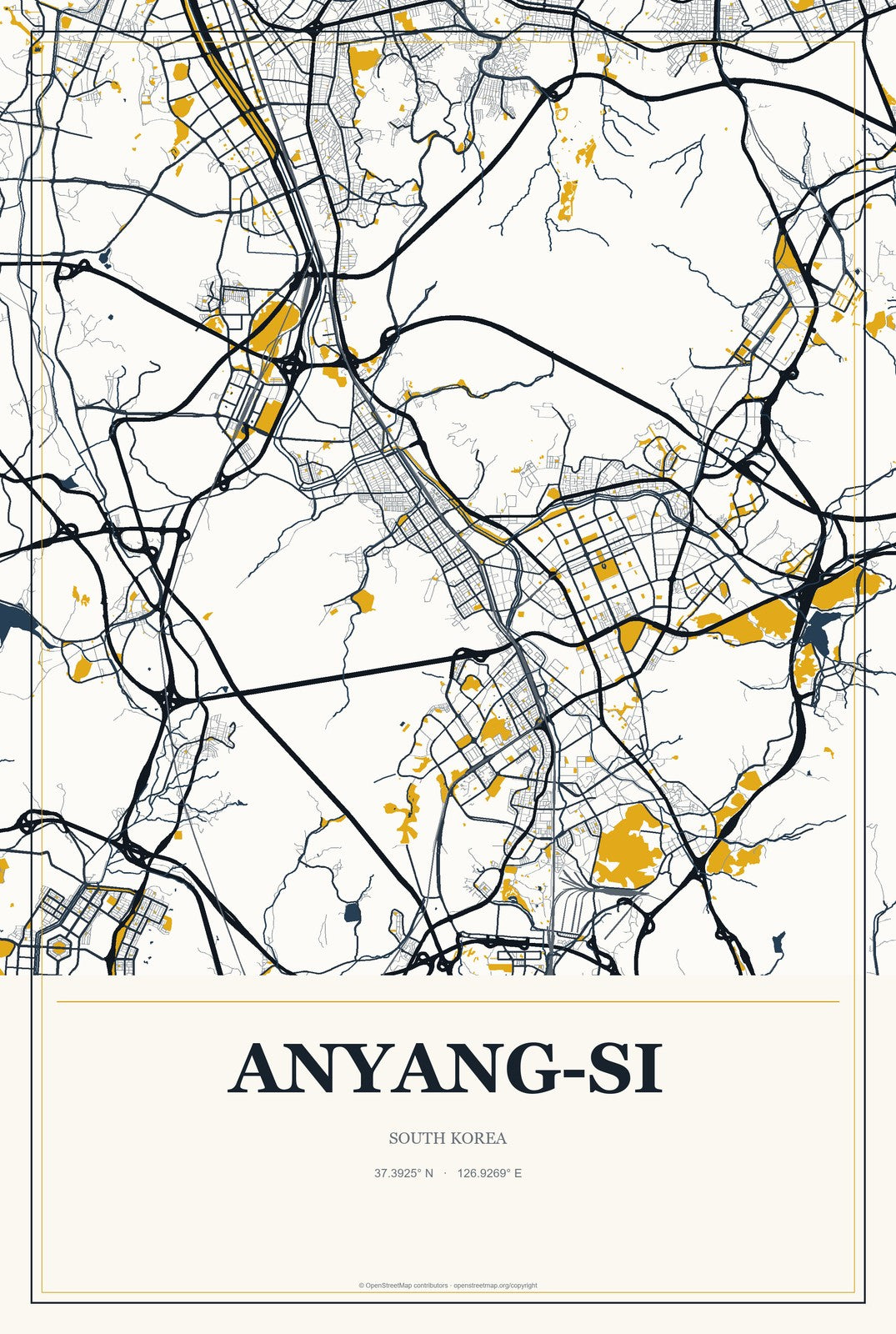Anyang-si, South Korea City Map Aluminum Sign in Citrine Modern style