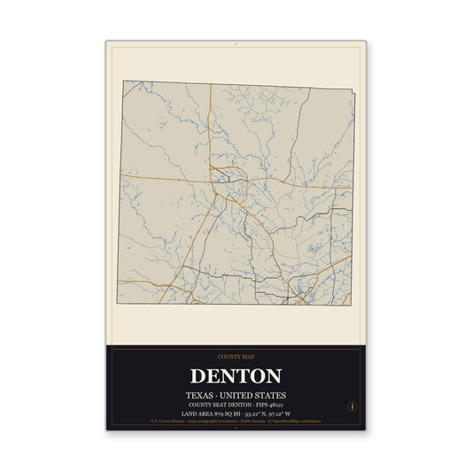 Denton County, Texas Map Aluminum Sign in Museum Plaque style