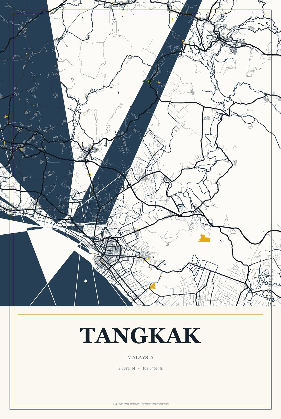 Tangkak, Malaysia City Map Aluminum Sign in Citrine Modern style