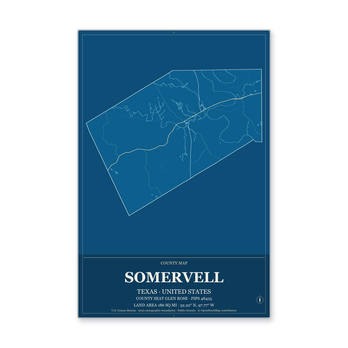 Somervell County, Texas Map Aluminum Sign in Harbor Cobalt style
