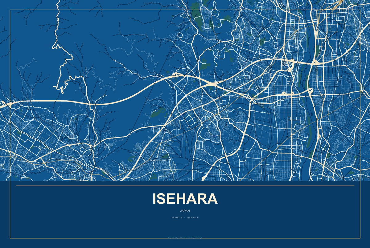 Isehara, Japan City Map Aluminum Sign in Harbor Cobalt style