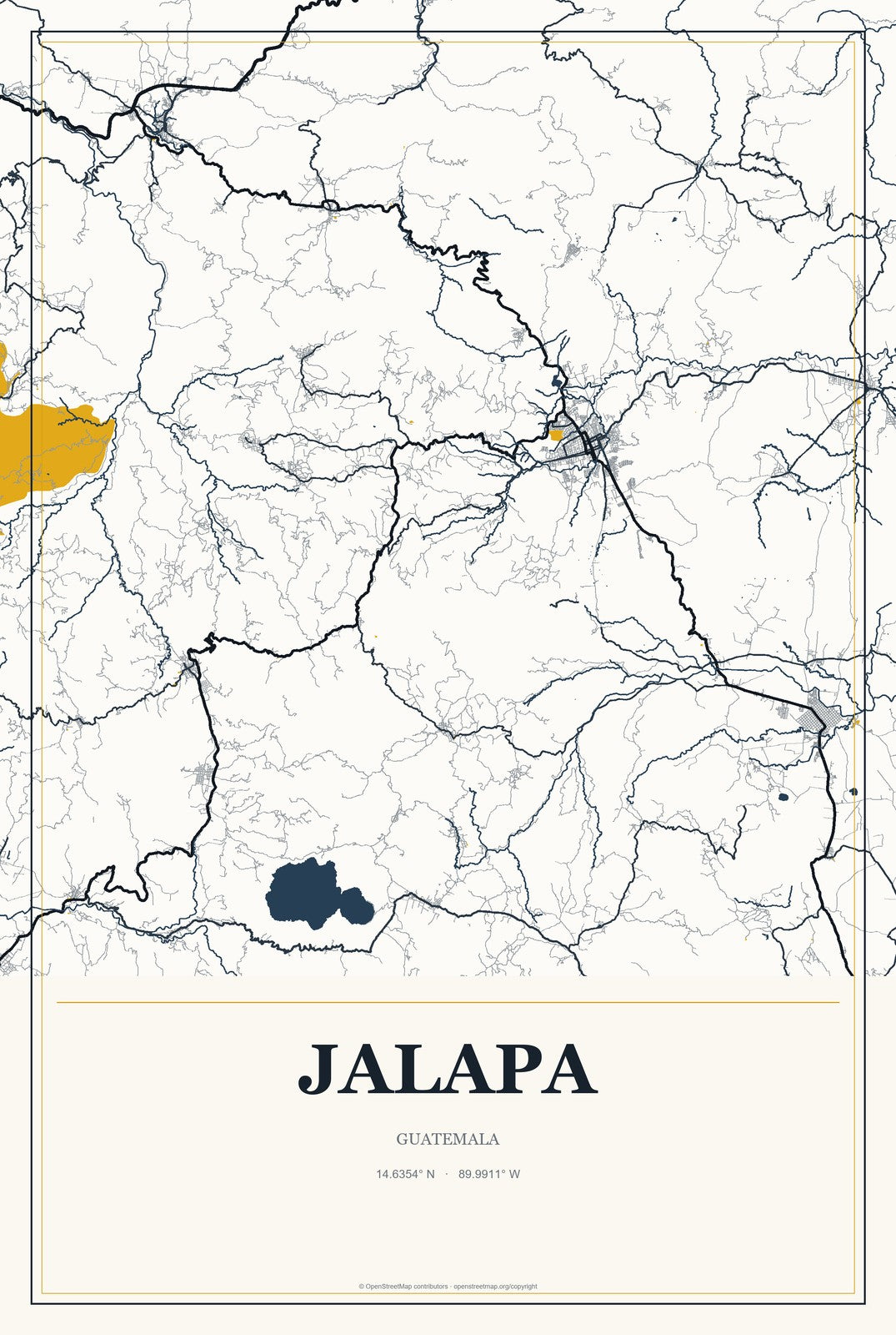 Jalapa, Guatemala City Map Aluminum Sign in Citrine Modern style