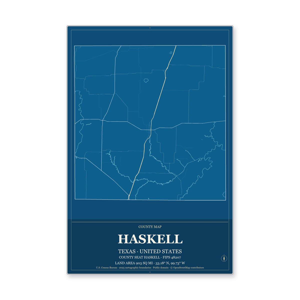 Haskell County, Texas Map Aluminum Sign in Harbor Cobalt style