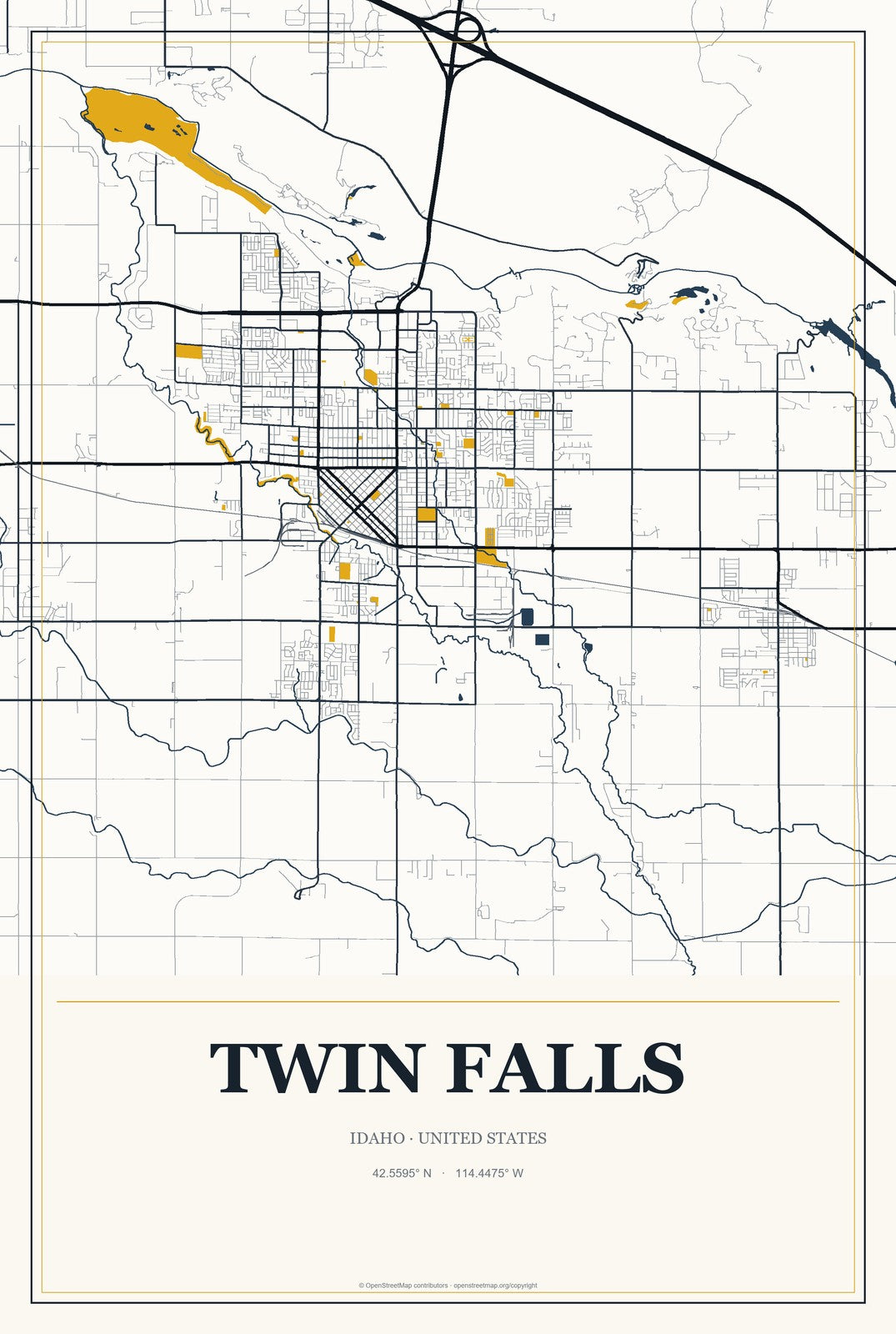 Twin Falls, Idaho City Map Aluminum Sign in Citrine Modern style