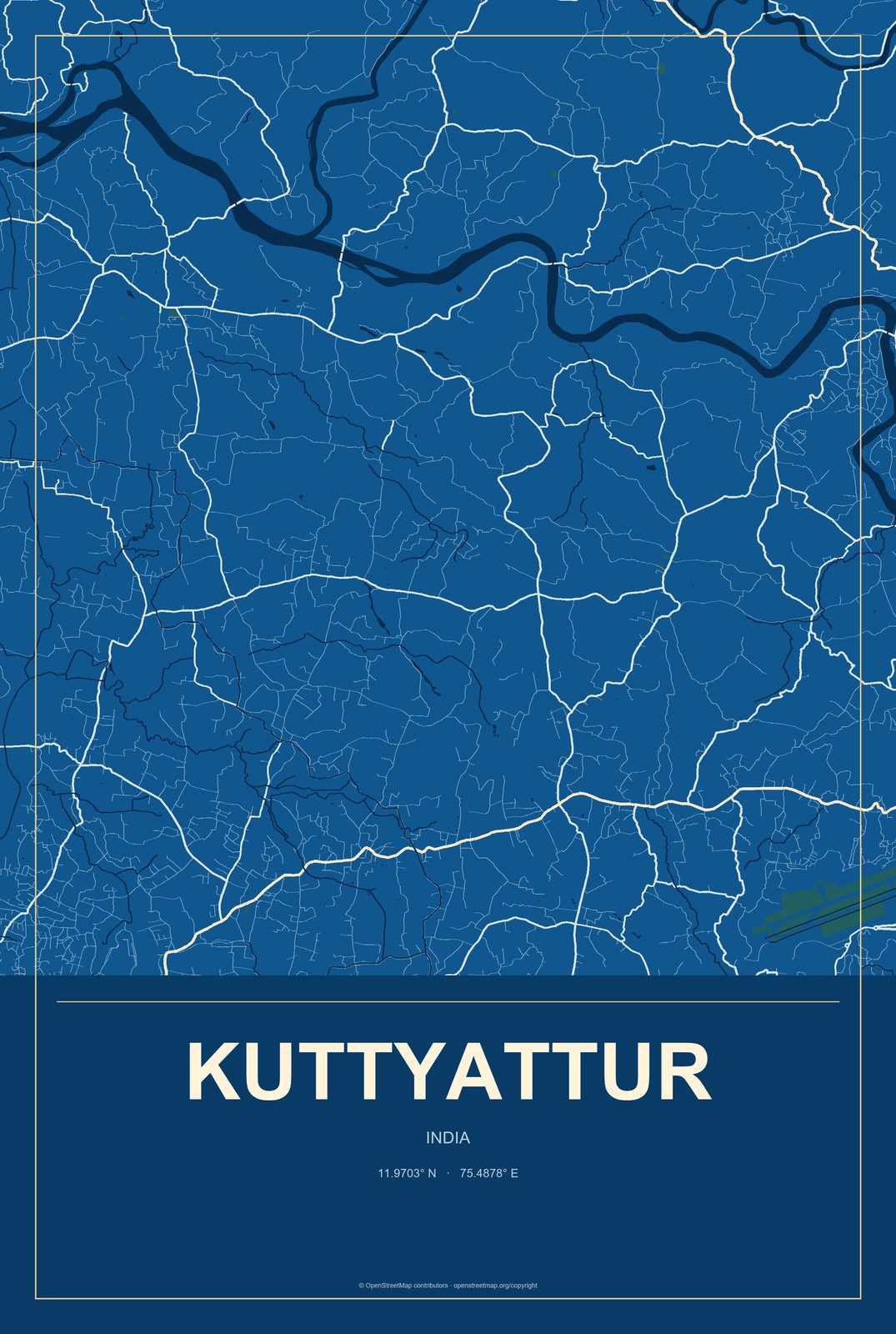 Kuttyattur, India City Map Aluminum Sign in Harbor Cobalt style