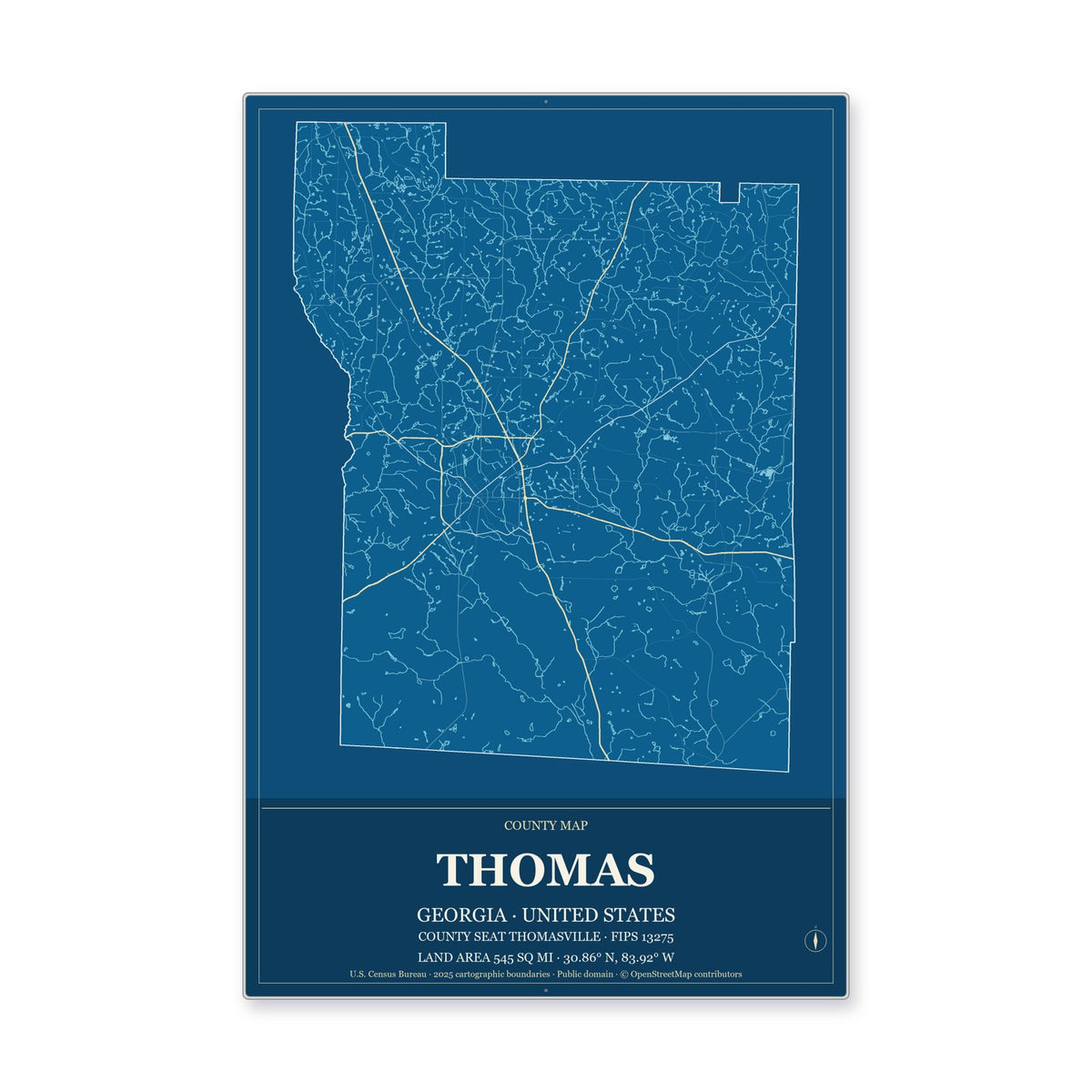 Thomas County, Georgia Map Aluminum Sign in Harbor Cobalt style