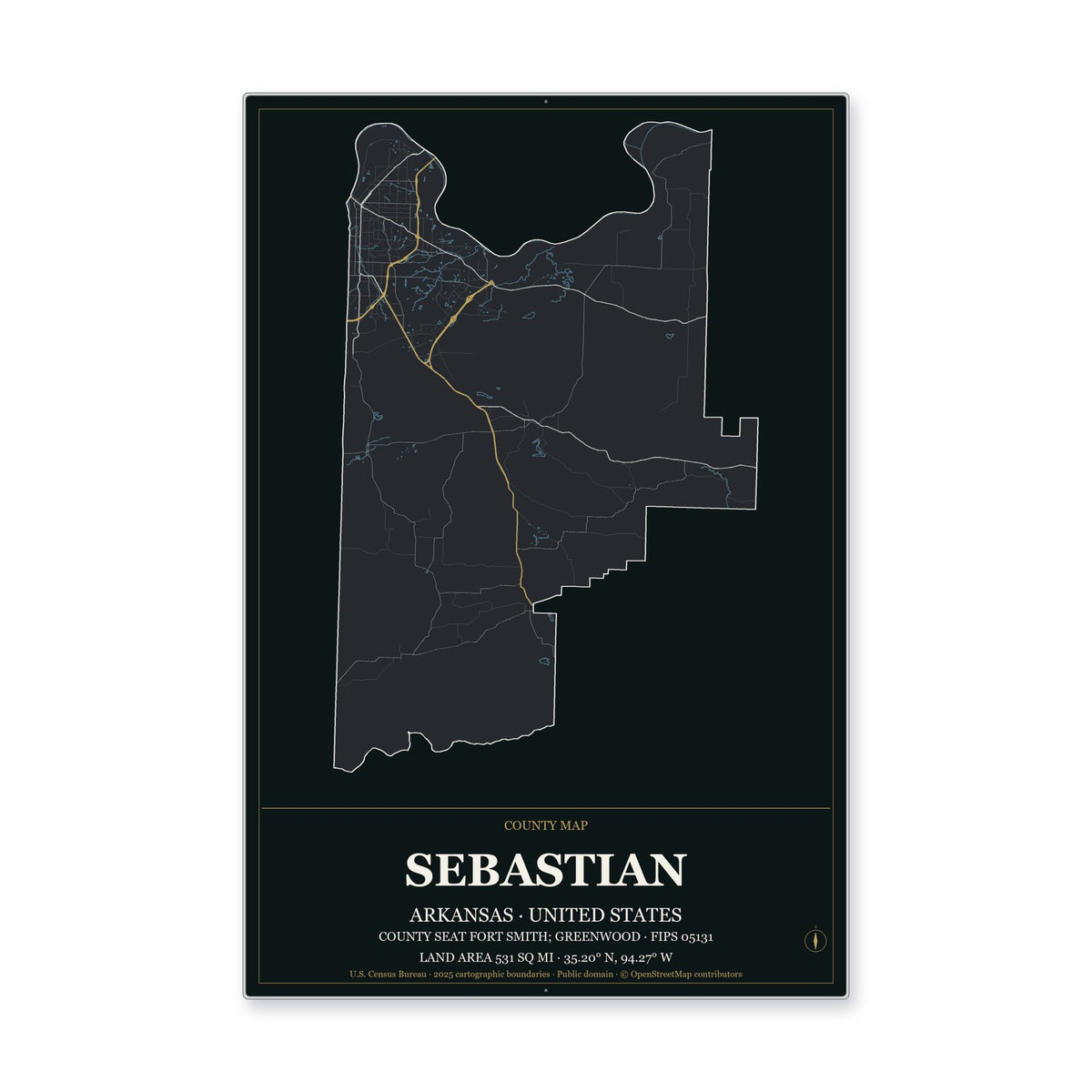 Sebastian County, Arkansas Map Aluminum Sign in Metropolitan Noir style