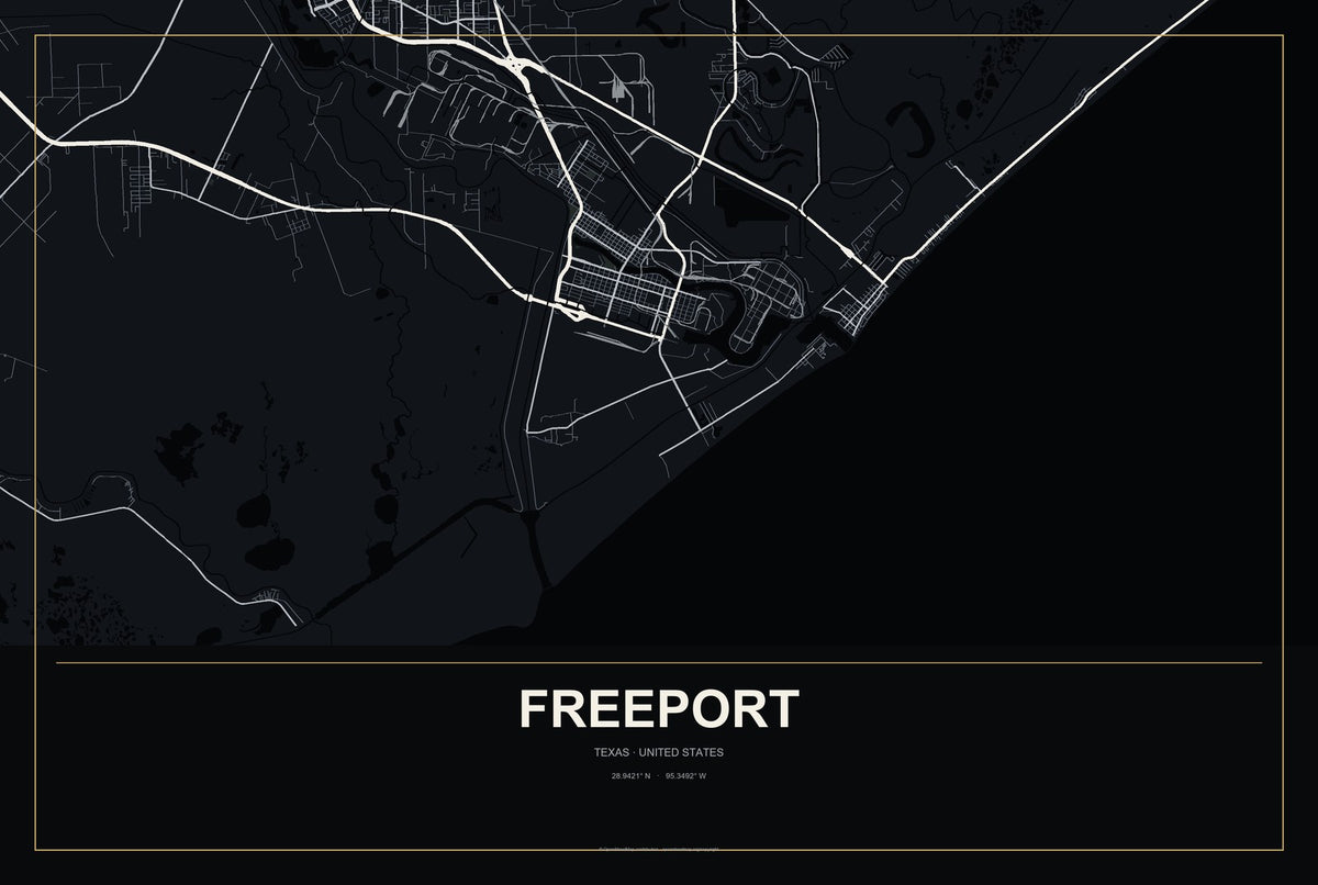 Freeport, Texas City Map Aluminum Sign in Metropolitan Noir style
