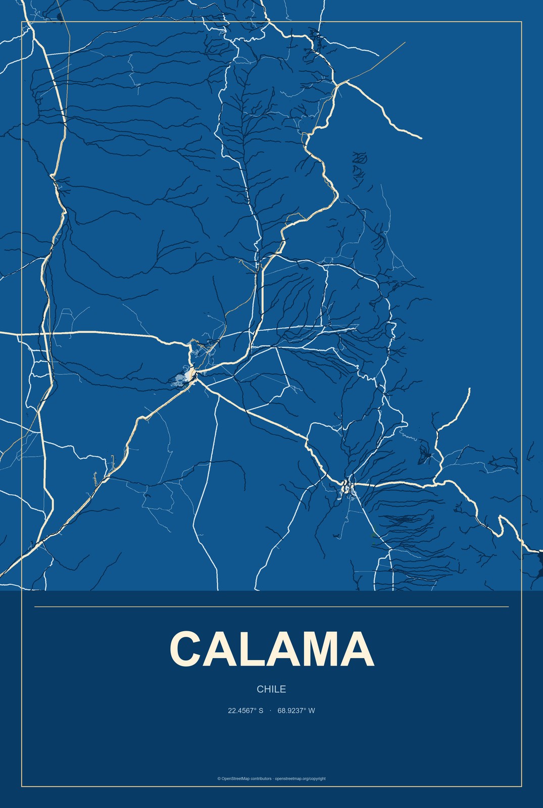 Calama, Chile City Map Aluminum Sign in Harbor Cobalt style
