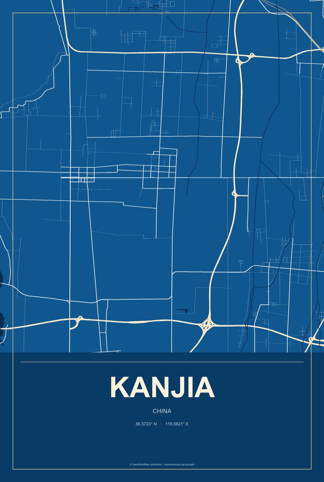 Kanjia, China City Map Aluminum Sign in Harbor Cobalt style