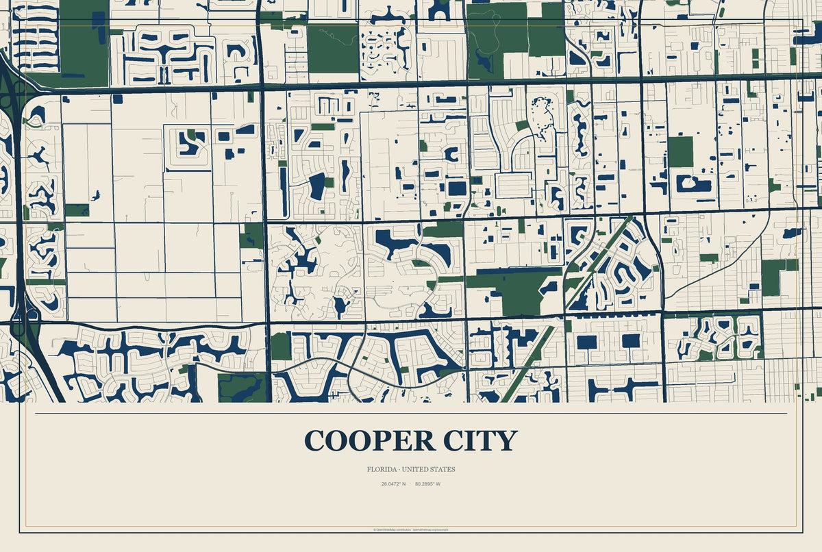Cooper City, Florida City Map Aluminum Sign in Coastal Cutout style