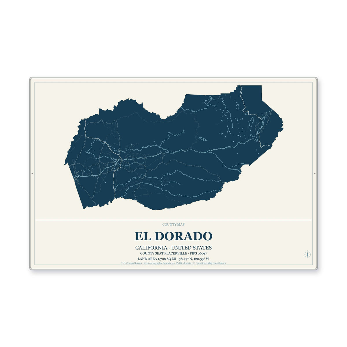 El Dorado County, California Map Aluminum Sign in Coastal Cutout style