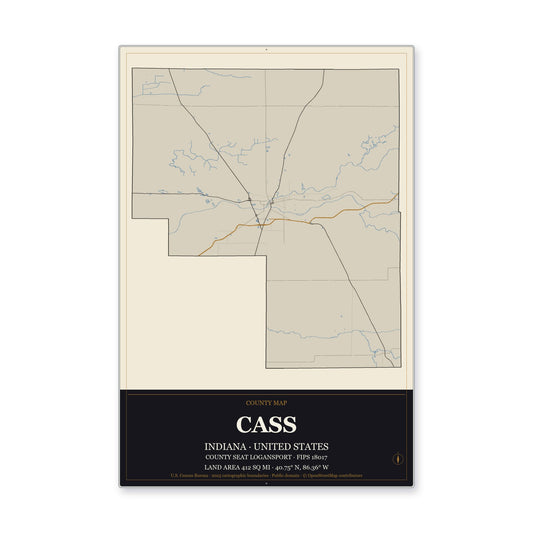 Cass County, Indiana Map Aluminum Sign in Museum Plaque style