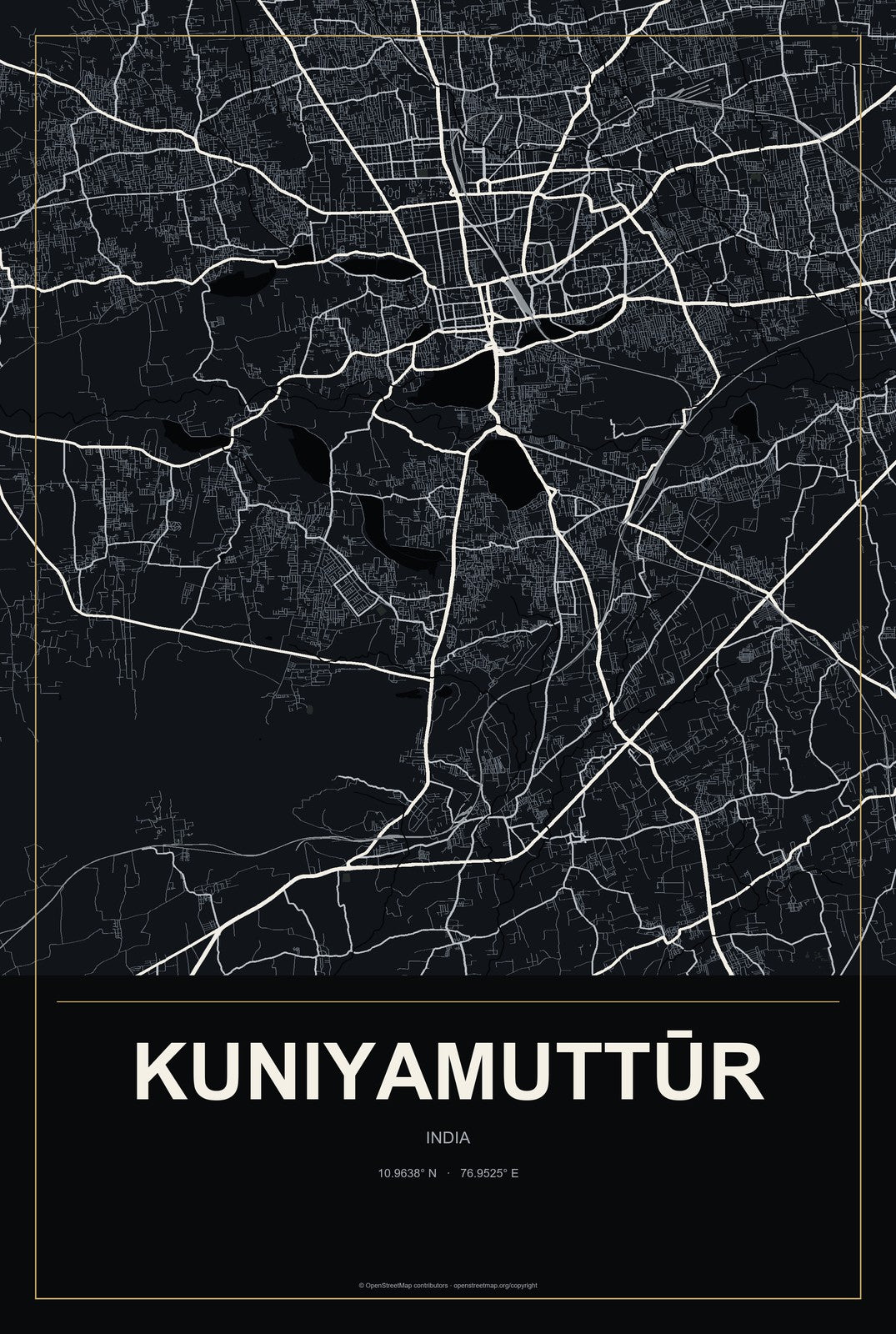 Kuniyamuttūr, India City Map Aluminum Sign in Metropolitan Noir style