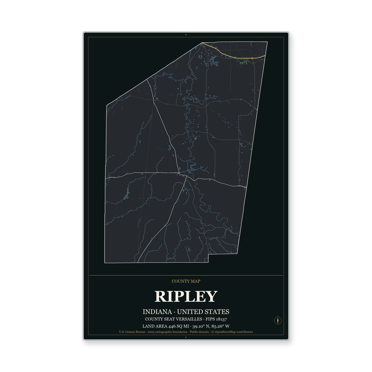 Ripley County, Indiana Map Aluminum Sign in Metropolitan Noir style