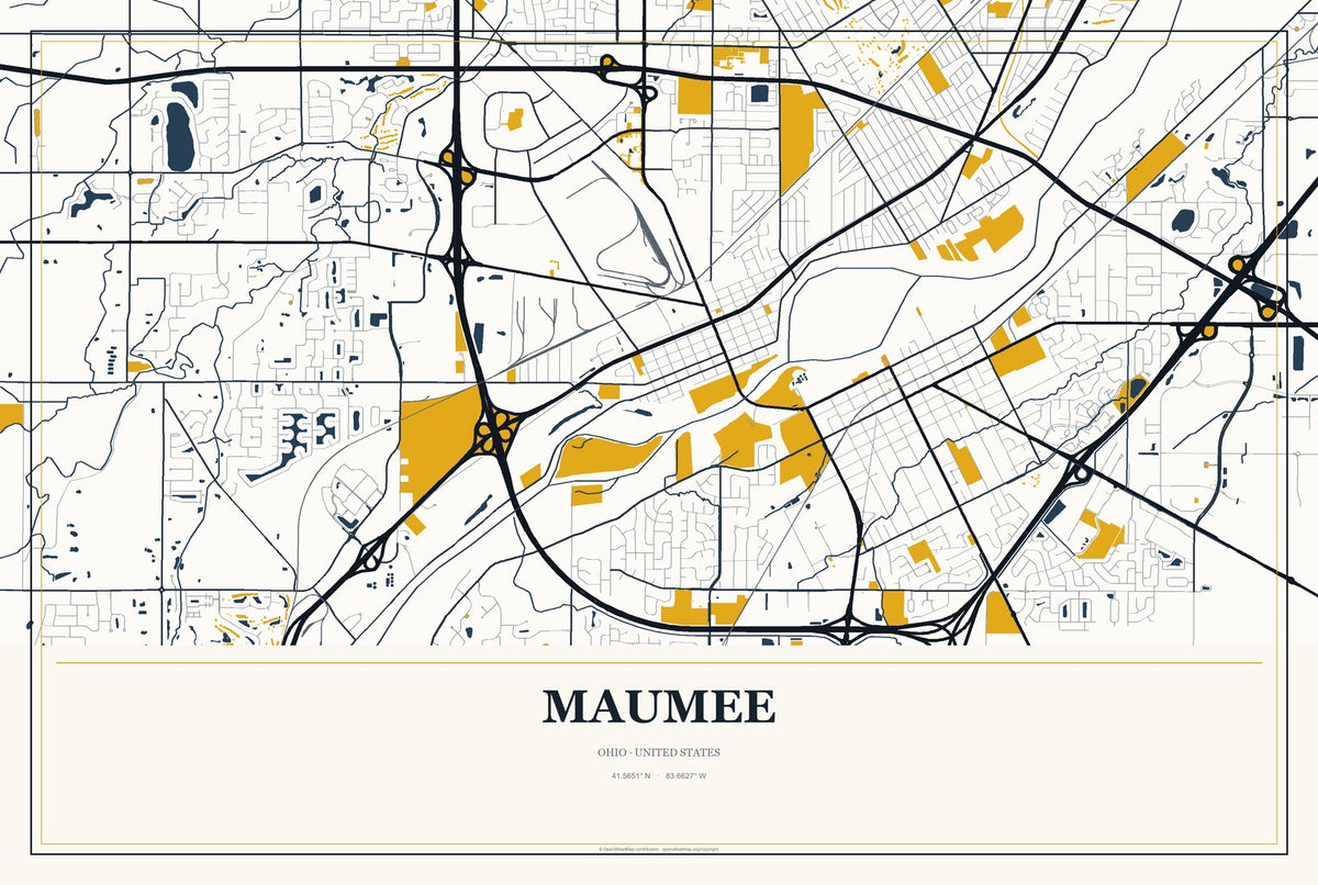 Maumee, Ohio City Map Aluminum Sign in Citrine Modern style