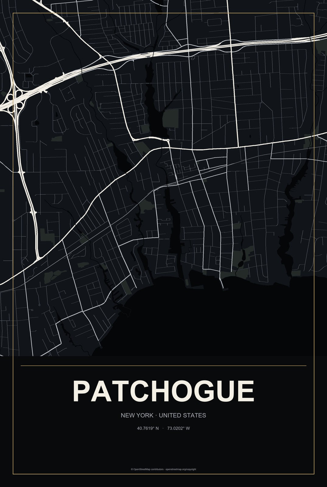 Patchogue, New York City Map Aluminum Sign in Metropolitan Noir style