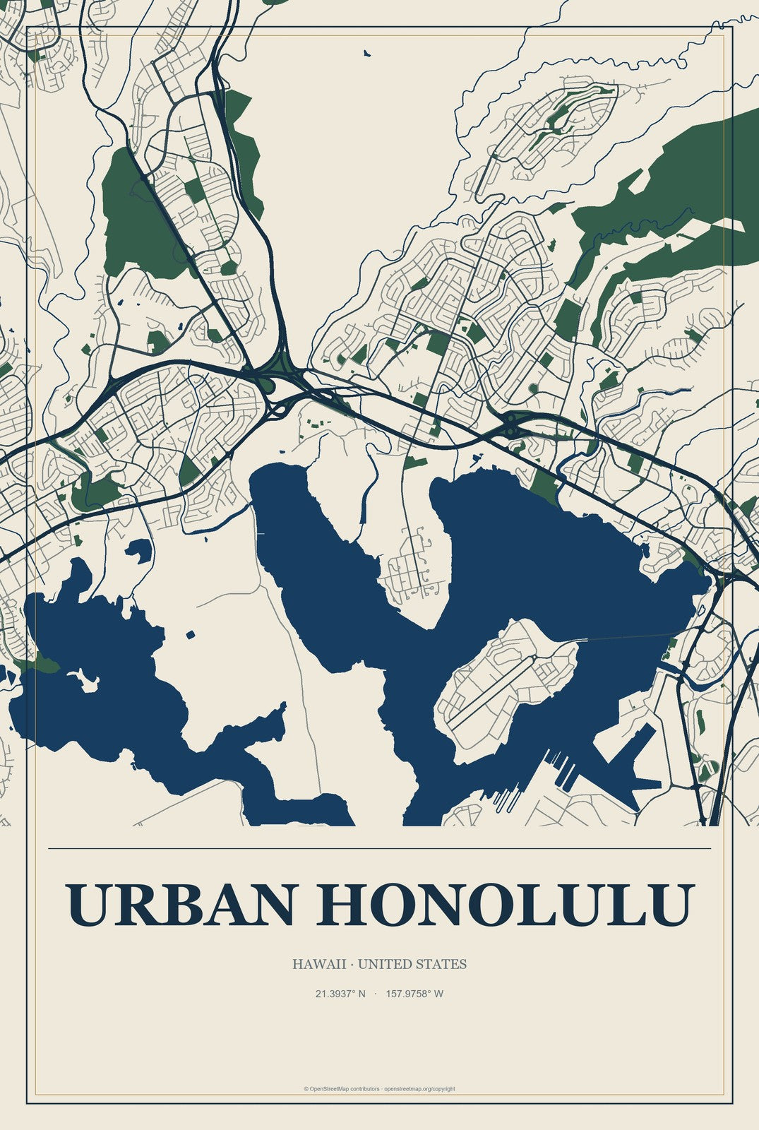 Urban Honolulu, Hawaii City Map Aluminum Sign in Coastal Cutout style