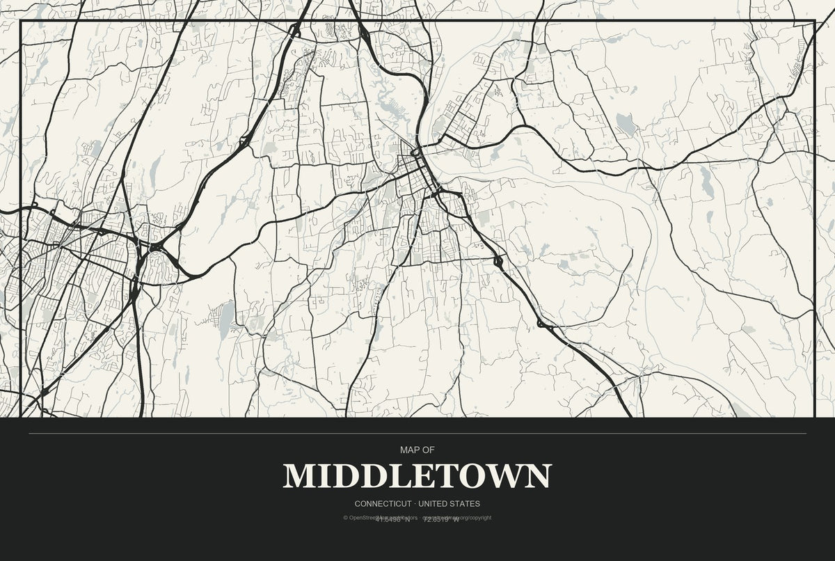 Middletown, Connecticut City Map Aluminum Sign in Museum Plaque style