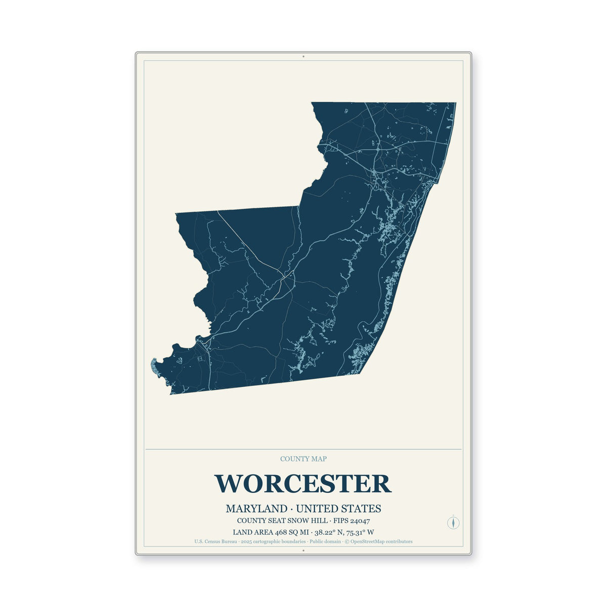 Worcester County, Maryland Map Aluminum Sign in Coastal Cutout style