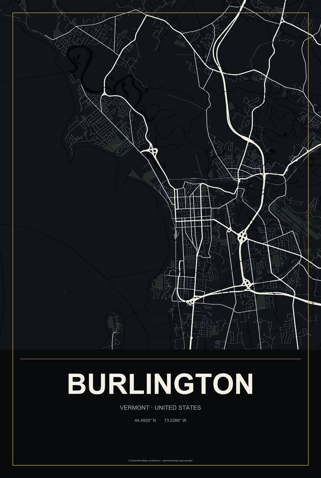 Burlington, Vermont City Map Aluminum Sign in Metropolitan Noir style
