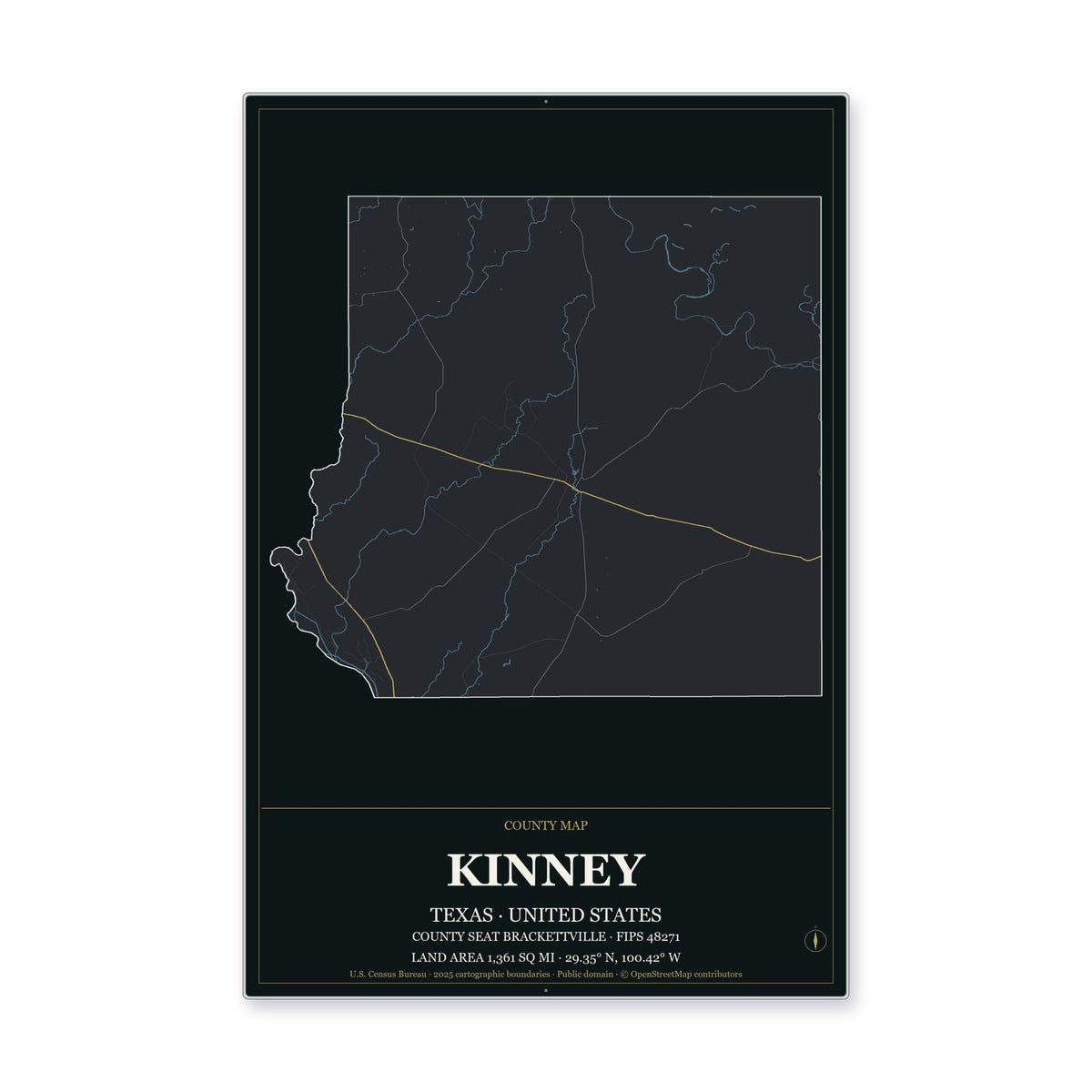 Kinney County, Texas Map Aluminum Sign in Metropolitan Noir style