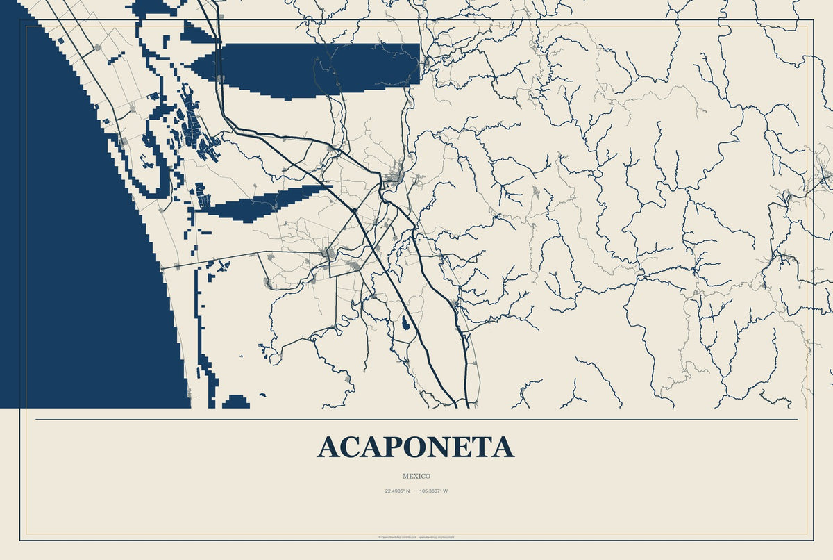 Acaponeta, Mexico City Map Aluminum Sign in Coastal Cutout style
