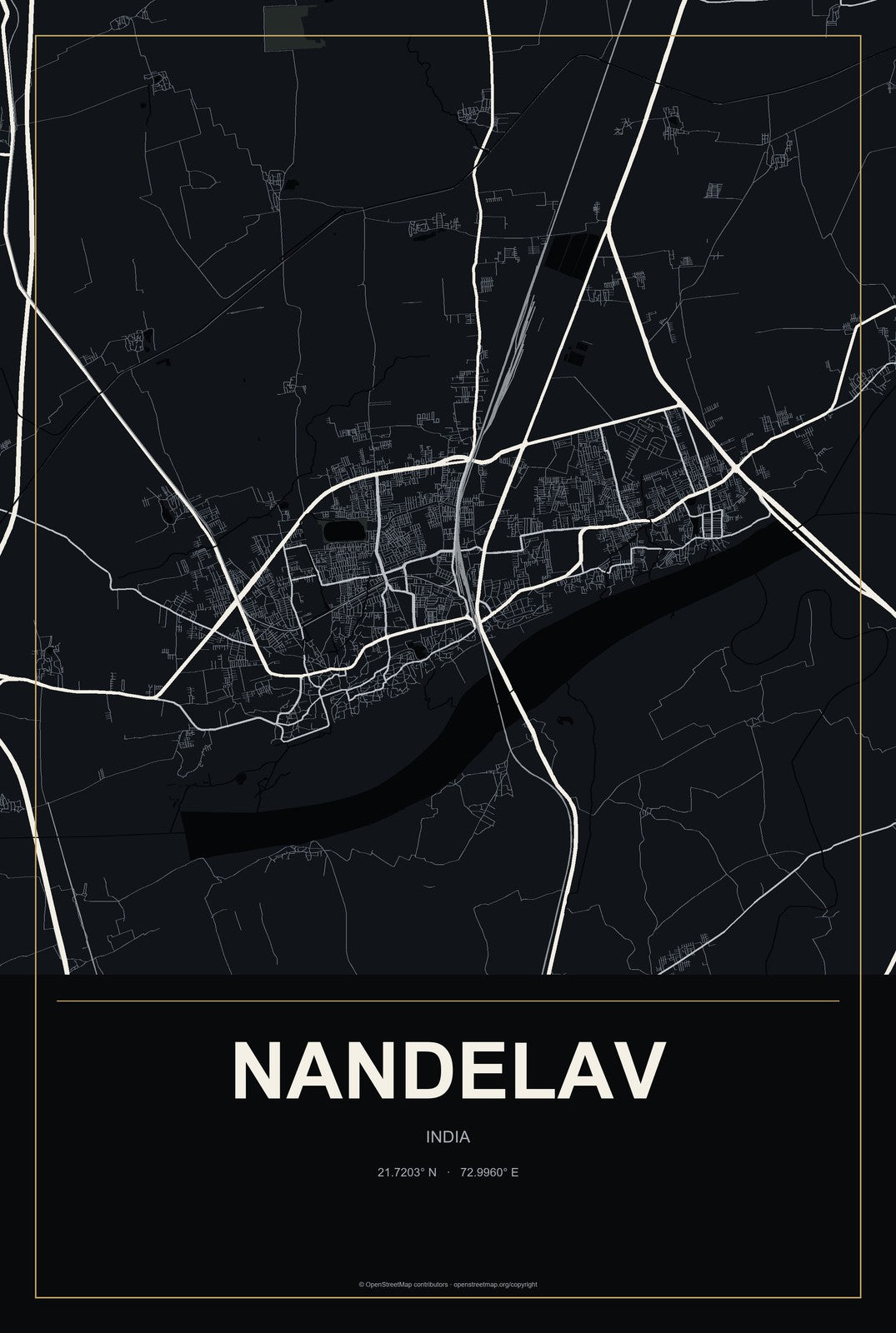 Nandelav, India City Map Aluminum Sign in Metropolitan Noir style