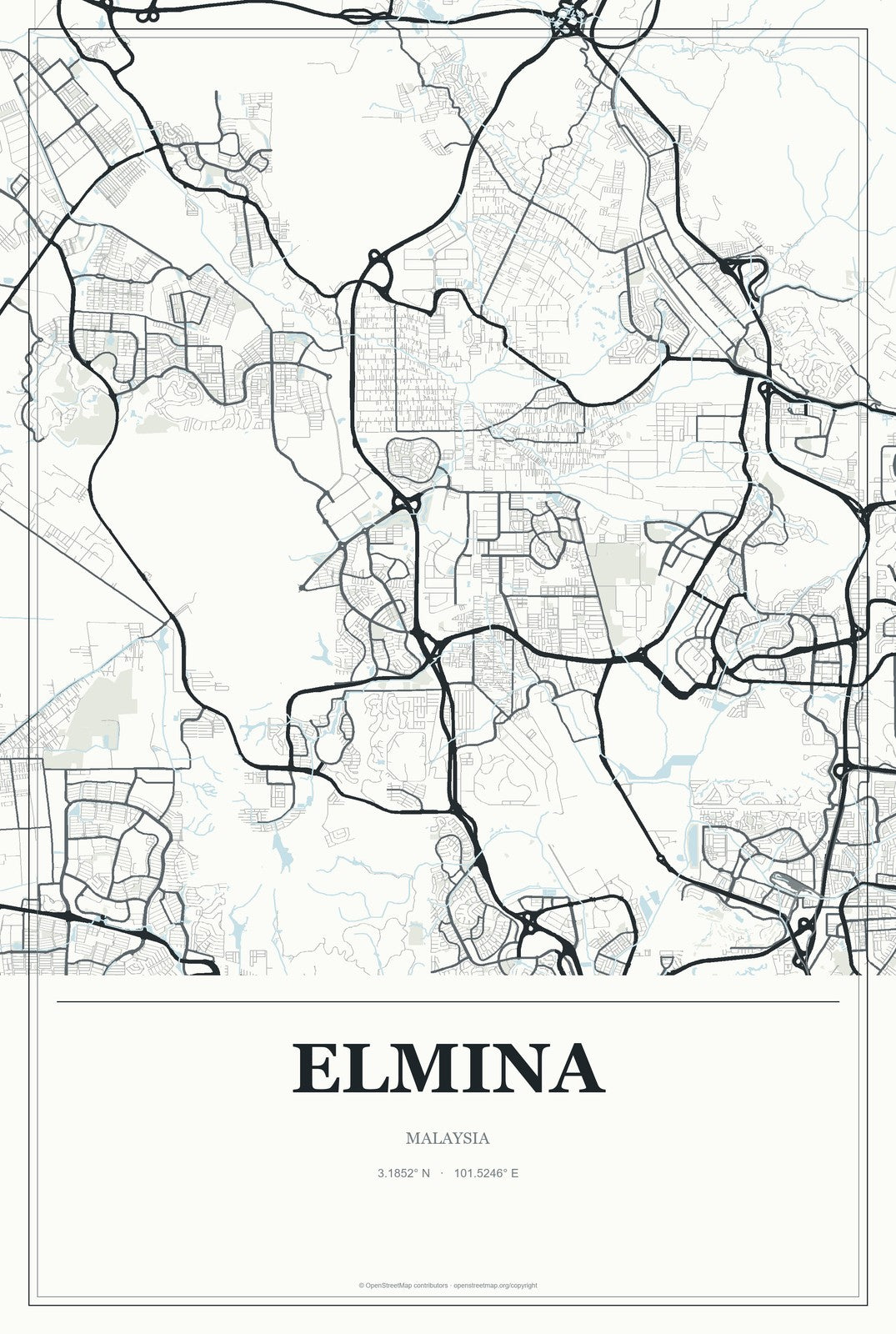 Elmina, Malaysia City Map Aluminum Sign in Gallery Air style