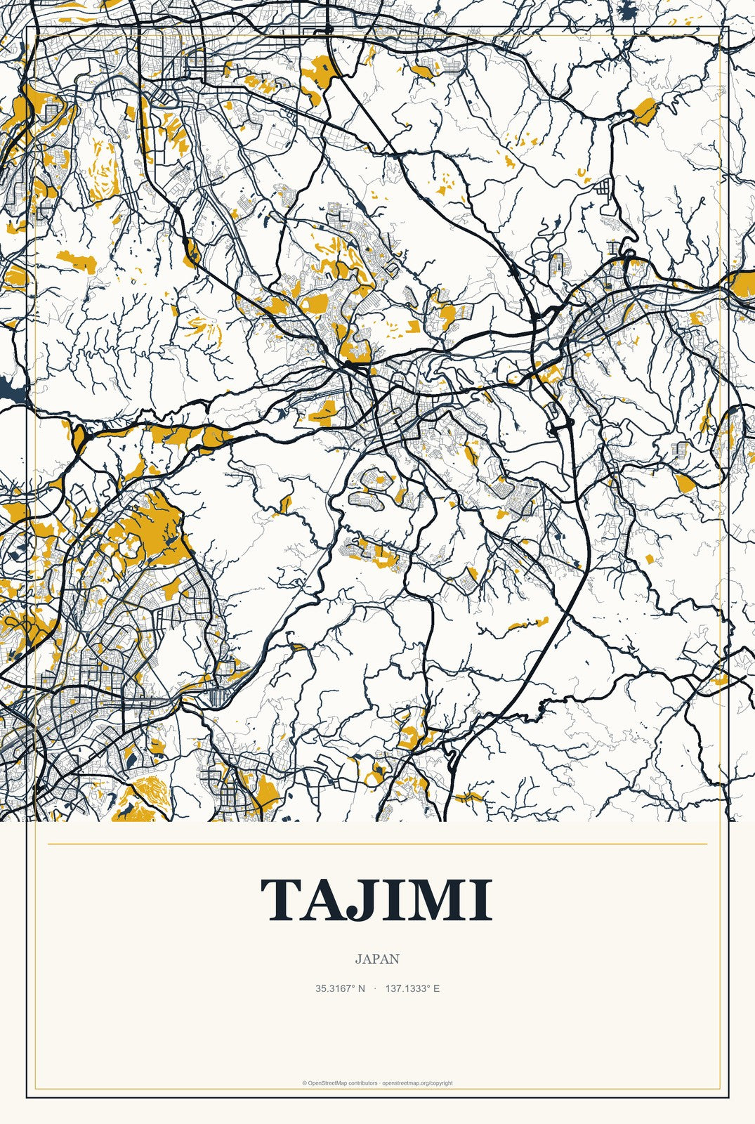 Tajimi, Japan City Map Aluminum Sign in Citrine Modern style