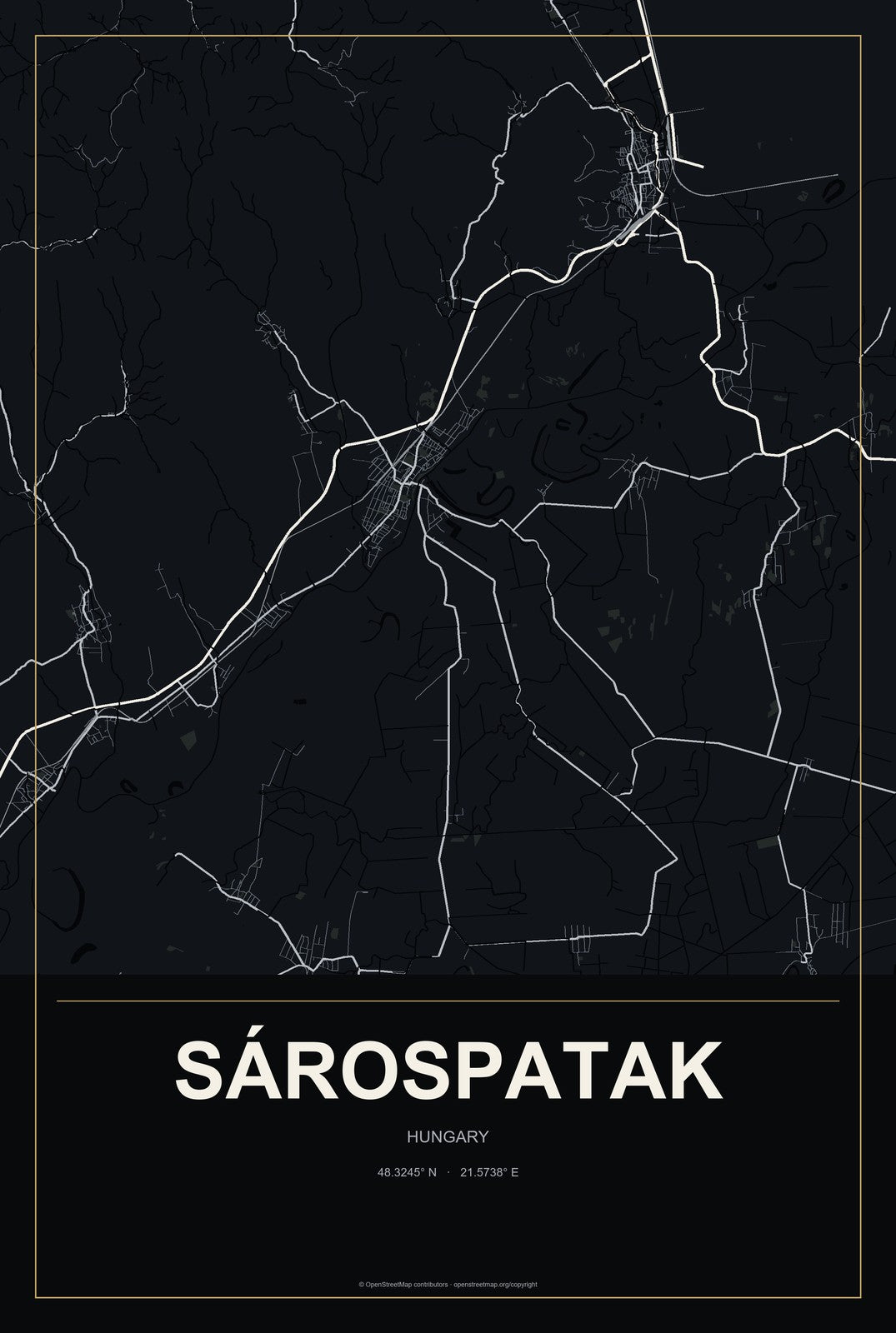 Sárospatak, Hungary City Map Aluminum Sign in Metropolitan Noir style