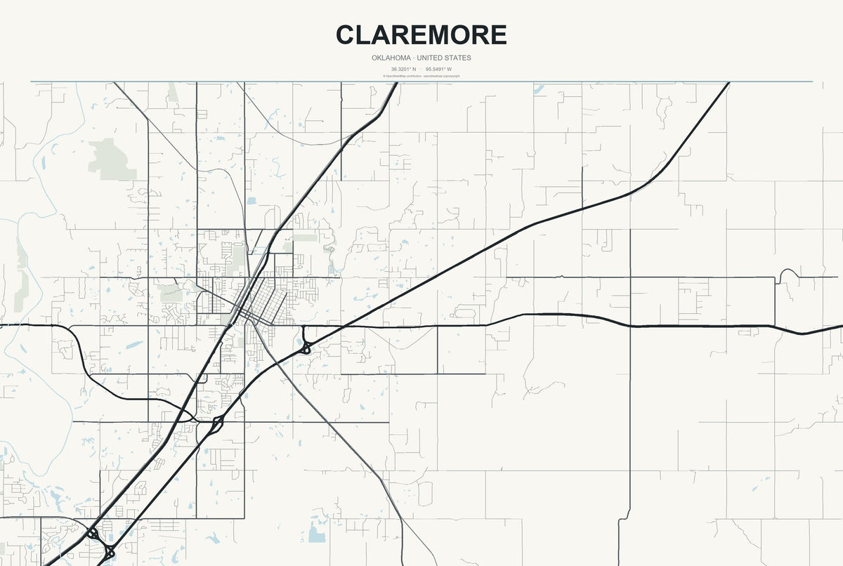 Claremore, Oklahoma City Map Aluminum Sign in Headline Atlas style