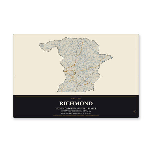 Richmond County, North Carolina Map Aluminum Sign in Museum Plaque style