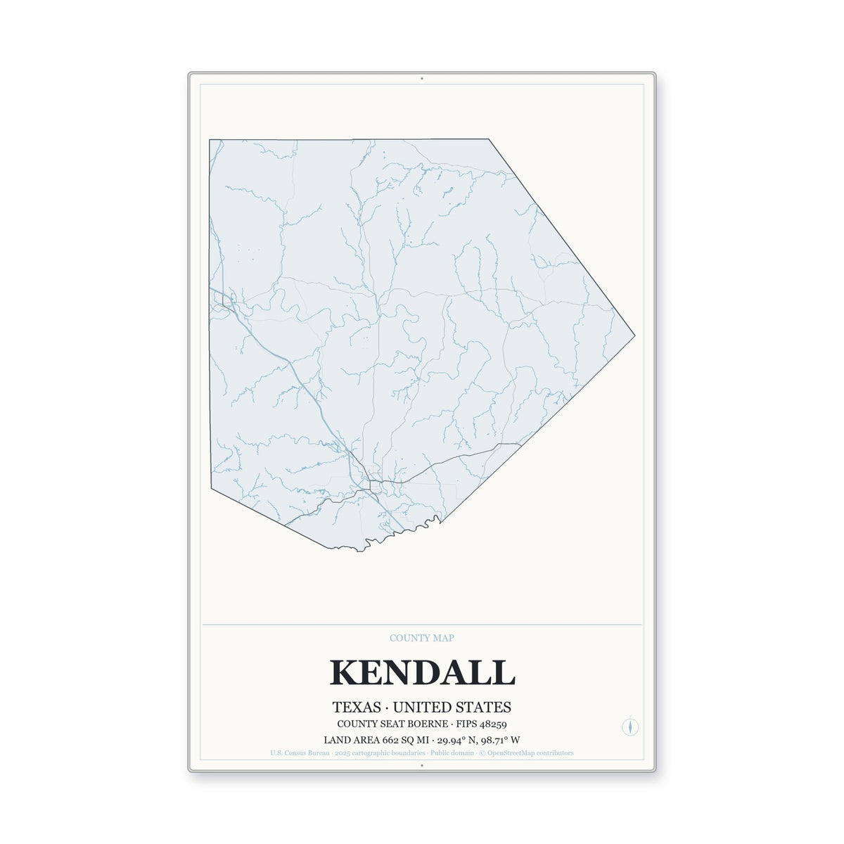 Kendall County, Texas Map Aluminum Sign in Gallery Air style