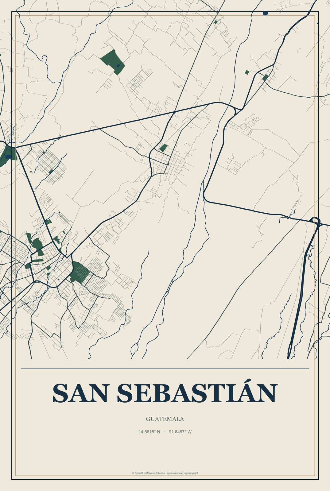 San Sebastián, Guatemala City Map Aluminum Sign in Coastal Cutout style