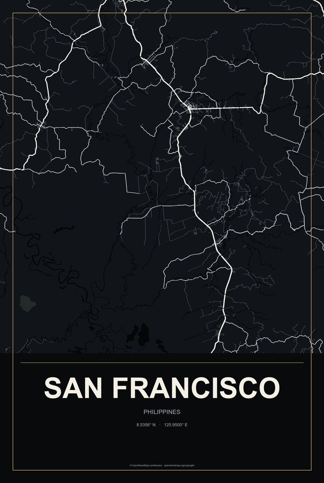 San Francisco, Caraga, Philippines City Map Aluminum Sign in Metropolitan Noir style