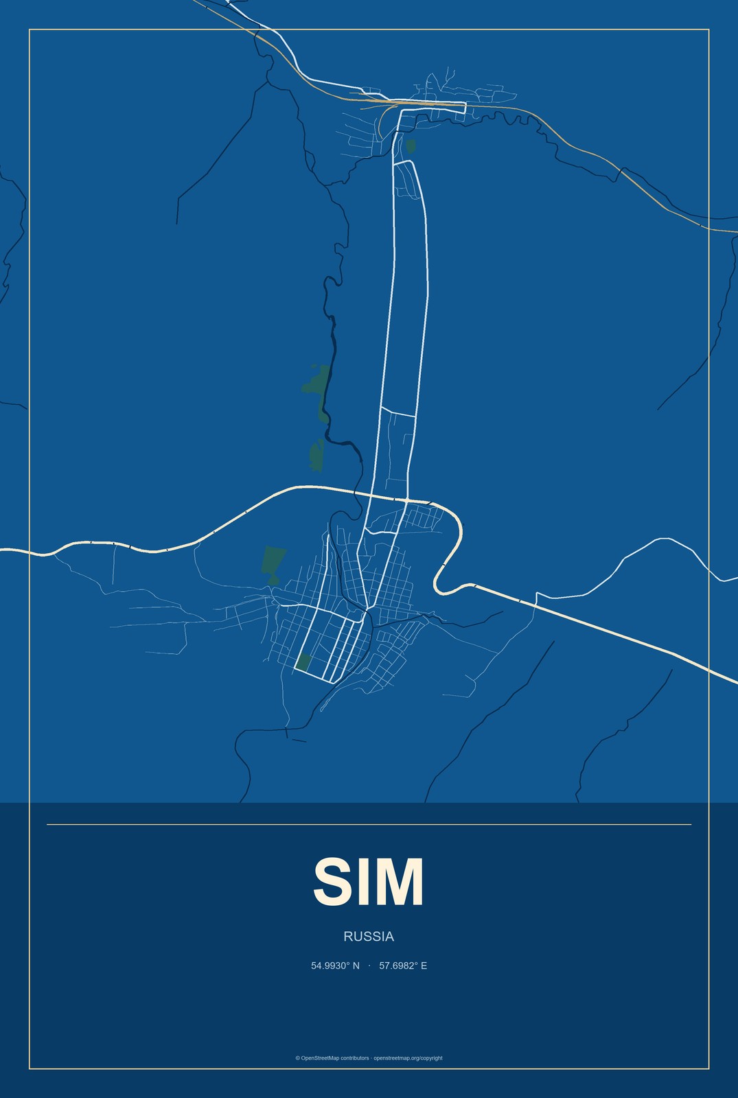 Sim, Russia City Map Aluminum Sign in Harbor Cobalt style