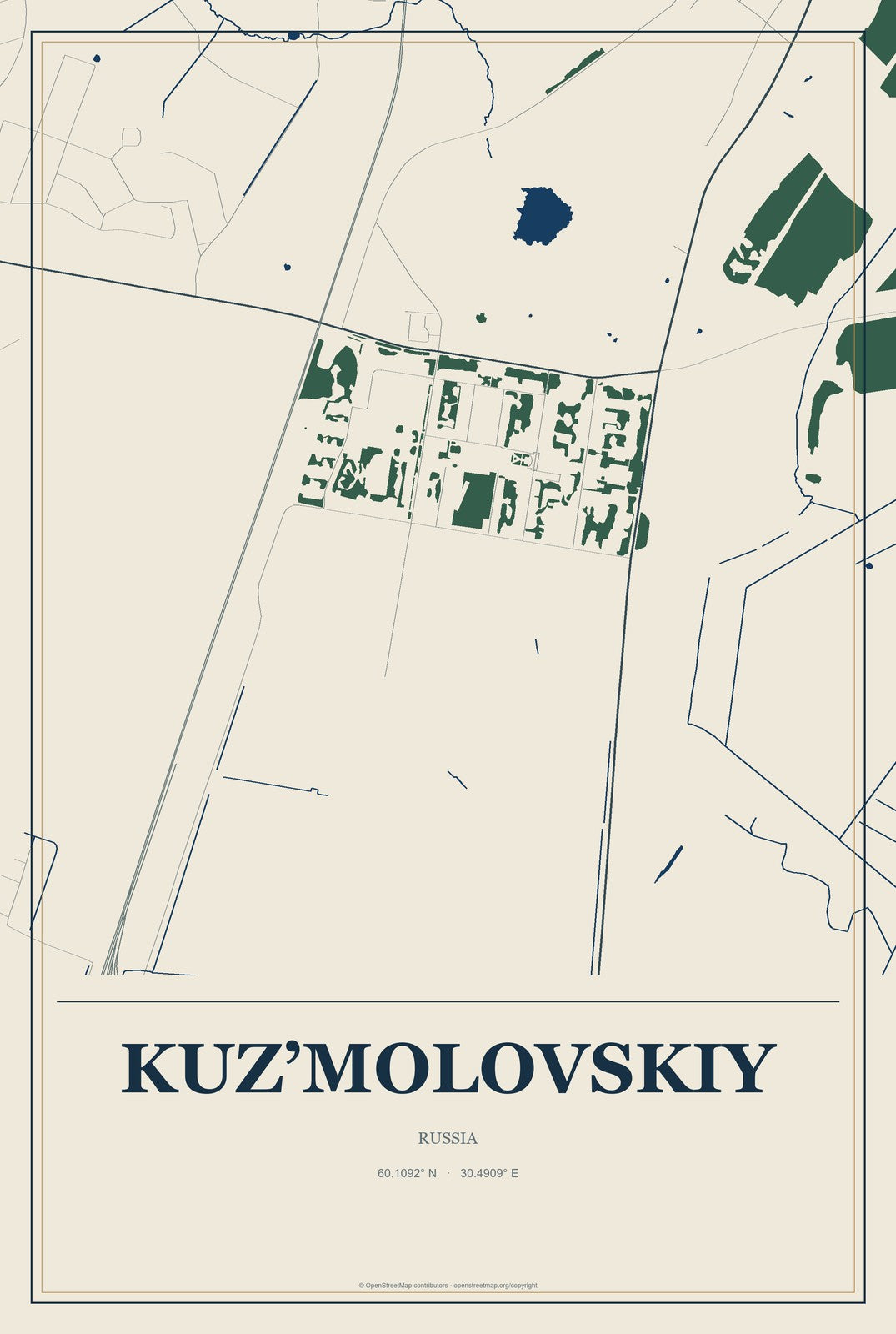 Kuz’molovskiy, Russia City Map Aluminum Sign in Coastal Cutout style