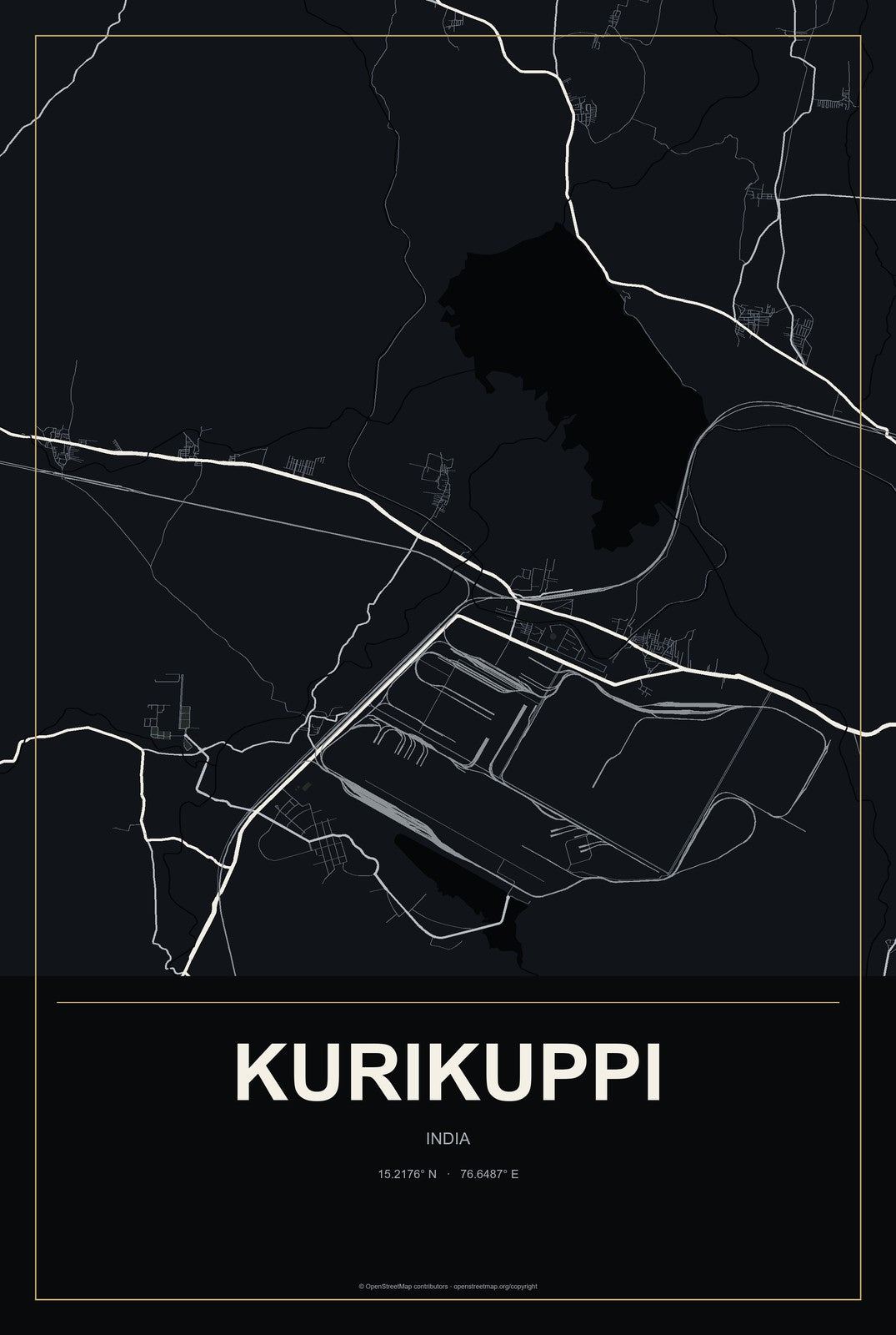 Kurikuppi, India City Map Aluminum Sign in Metropolitan Noir style