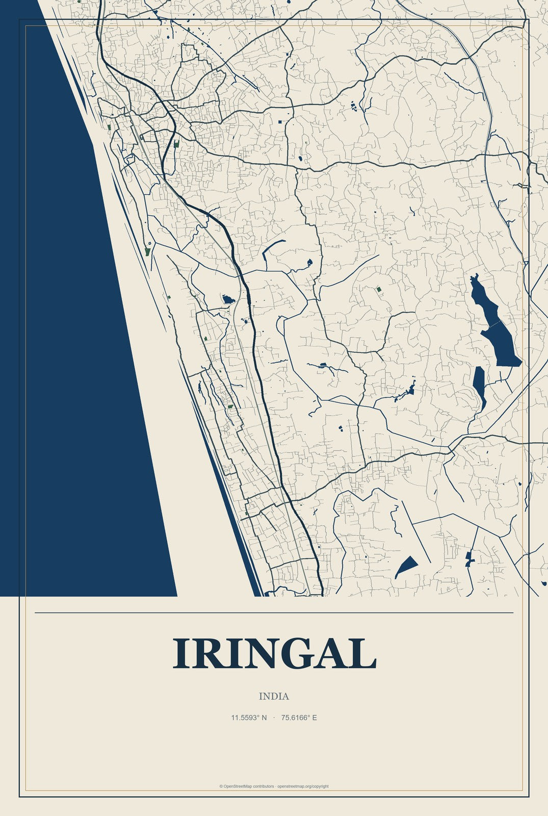 Iringal, India City Map Aluminum Sign in Coastal Cutout style