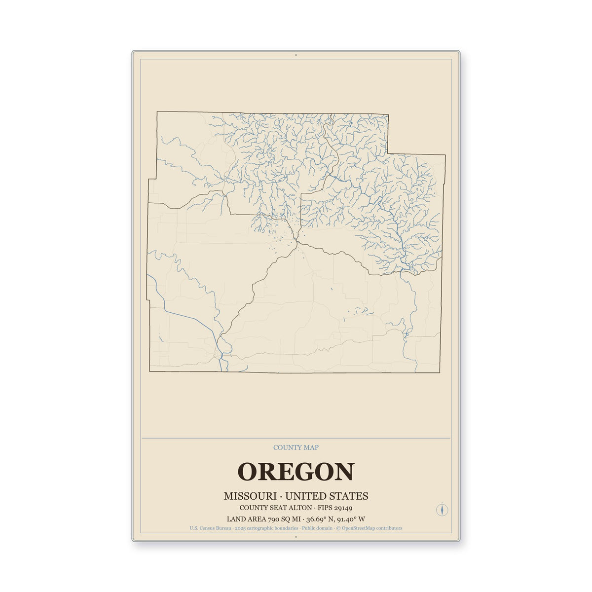 Oregon County, Missouri Map Aluminum Sign in Heritage Nautical style