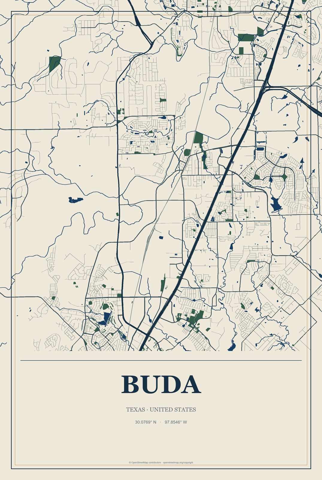 Buda, Texas City Map Aluminum Sign in Coastal Cutout style